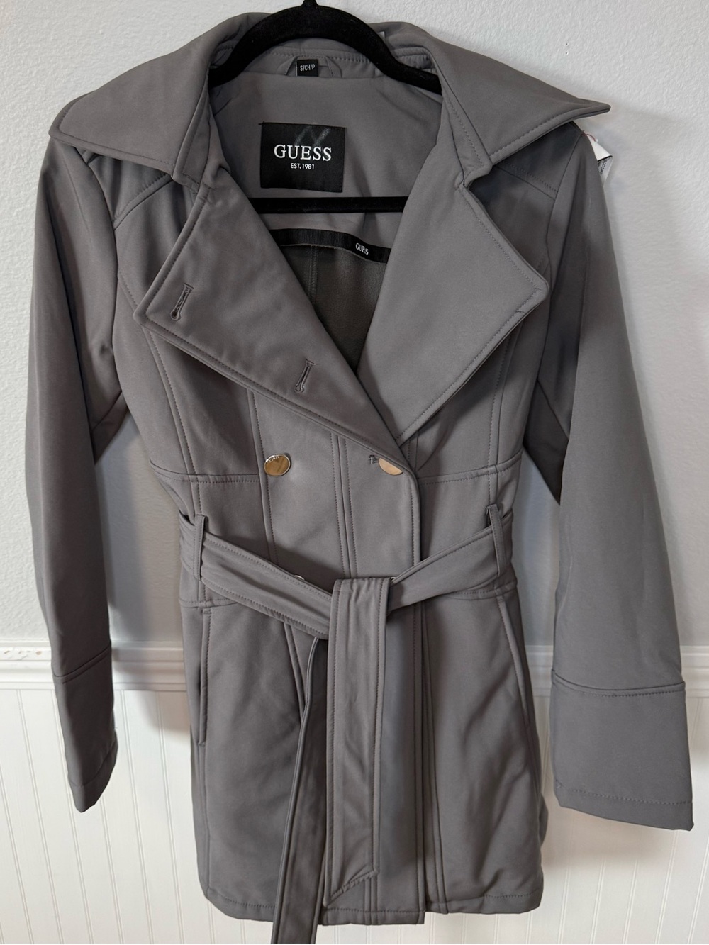 GUESS Gray Double-Breasted Belted Trench Coat
